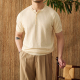 Ribbed Pleated Knit Henley T-Shirt