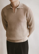 Textured Buttonless Knit Long Sleeve Polo Shirt