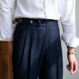 London Wool Blend Textured Double Pleated Trousers