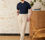 Linen Blend Henley Knit Short Sleeve T Shirt