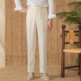 Marbella Cotton Linen Straight Fit Pleated Trousers