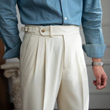 London Wool Blend Textured Double Pleated Trousers