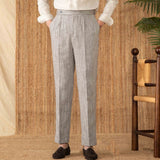 New York Cotton Linen Herringbone Straight Fit Pleated Trousers