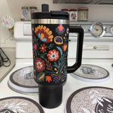 Mexican Embroidery 40oz Insulated Tumbler with Straw