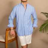 Linen Blend Striped Grandad Collar Shirt