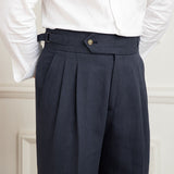 Casino Royale Linen Blend Double Pleated Straight Fit Trousers